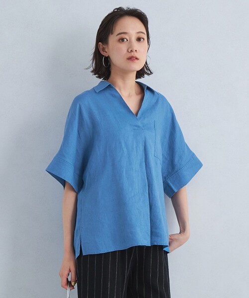 グリーンレーベルリラクシング　レディース　フレンチリネンスキッパー5分袖シャツ green label relaxing ブラウス シャツ フレンチリネン