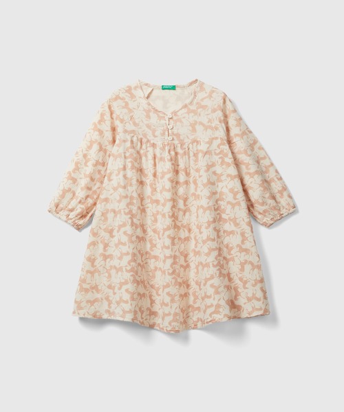 BENETTON (UNITED COLORS OF BENETTON)(ベネトンユナイテッドカラーズオブベネトン)の「キッズ総柄馬プリントコットンガーゼパイピングバルーンスリーブ長袖ワンピースG(ワンピース・キッズ・ピンクベージュ/マスタード・X-LARGE/LARGE/MEDIUM/SMALL)」の1枚目の写真