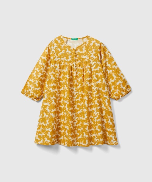 BENETTON (UNITED COLORS OF BENETTON)(ベネトンユナイテッドカラーズオブベネトン)の「キッズ総柄馬プリントコットンガーゼパイピングバルーンスリーブ長袖ワンピースG(ワンピース・キッズ・ピンクベージュ/マスタード・X-LARGE/LARGE/MEDIUM/SMALL)」の2枚目の写真