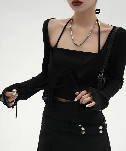 Sibra（シブラ）の「2点セット　キャミソール+カーディガン（カーディガン/ボレロ・レディース・ホワイト/ブラック/グレー・M）」の2枚目の写真