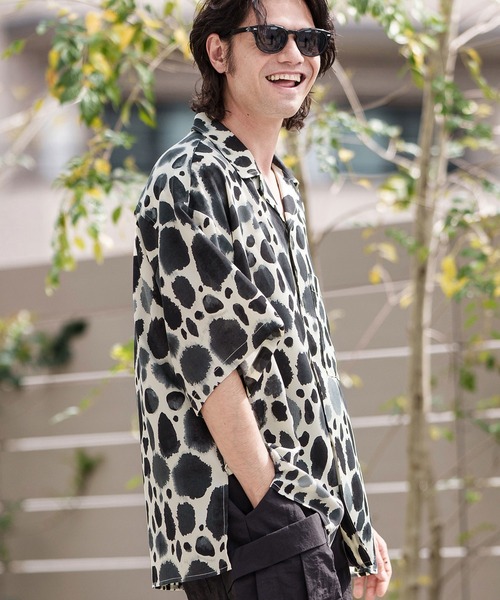 //美品//MS BI-COLOR LS HIGH NECK XL セール】mhs2200- ビックシルエット総柄プリントオープンカラー