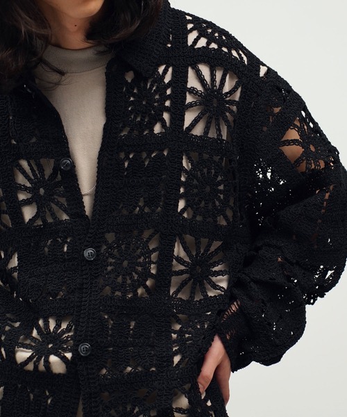 Aphlotus(アプロタス)の「クロシェ編み L/S メッシュニット シアー カーディガン(カーディガン/ボレロ・メンズ・アイボリー/ブラック・LARGE/MEDIUM)」の6枚目の写真