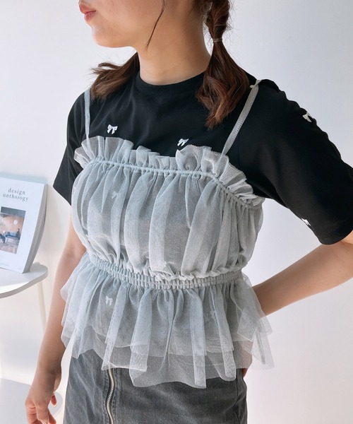 AS KNOW AS plus(アズノゥアズプラス)の「◎バックリボンチュールビスチェキャミソール(キャミソール・レディース・ブラック/グレー系/シルバー系/チャコール/グレー系1・FREE)」の5枚目の写真