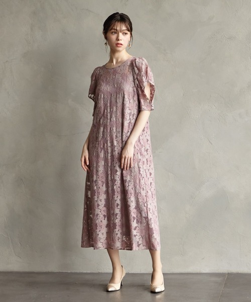 Aimer花柄ドレス⭐︎ショール付き AIMER ドレス プチハイネック袖付き花柄レースフィット