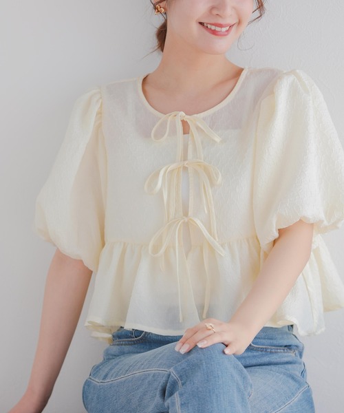 Fit more(フィットモア)の「2WAYリボンシアージャガードショートトップス(その他トップス・レディース・イエロー/ブルー/ピンク・FREE)」の9枚目の写真