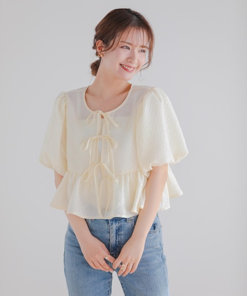 Fit more(フィットモア)の「2WAYリボンシアージャガードショートトップス(その他トップス・レディース・イエロー/ブルー/ピンク・FREE)」の10枚目の写真