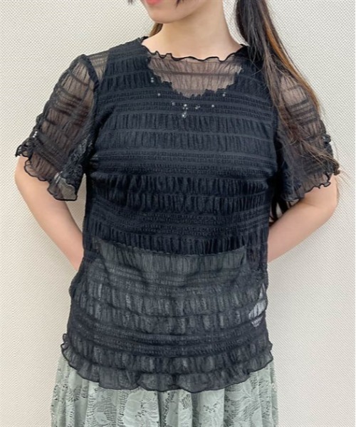 axes femme(アクシーズファム)の「袖ギャザーシアーインナー(Tシャツ/カットソー・レディース・チャコール/ブルーグリーン/キナリ/ブラック・FREE)」の2枚目の写真