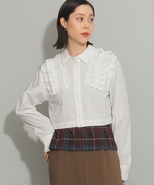 一度着用美品】Ray BEAMS 裾フリル ショートシャツ 半袖ブラウス 