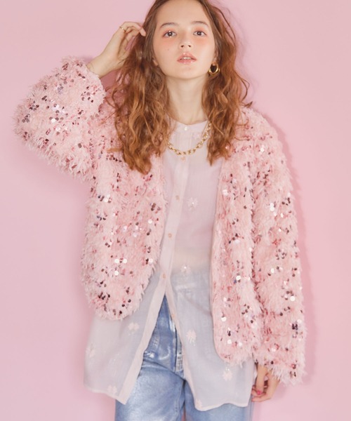 ELLEgirl（エルガール）の「スパンコールフェザーカーディガン【ELLEgirl/エル ガール】（カーディガン/ボレロ・レディース・ライトグレー/ピンク/アイボリー・FREE）」の10枚目の写真