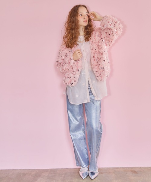 ELLEgirl（エルガール）の「スパンコールフェザーカーディガン【ELLEgirl/エル ガール】（カーディガン/ボレロ・レディース・ライトグレー/ピンク/アイボリー・FREE）」の5枚目の写真