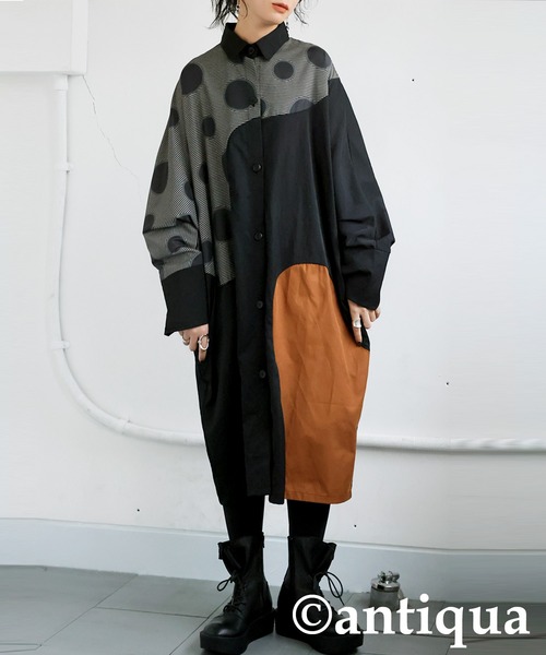 antiqua(アンティカ)の「ドット切り替えワンピース(シャツワンピース・レディース・ブラック・ONESIZE)」の1枚目の写真