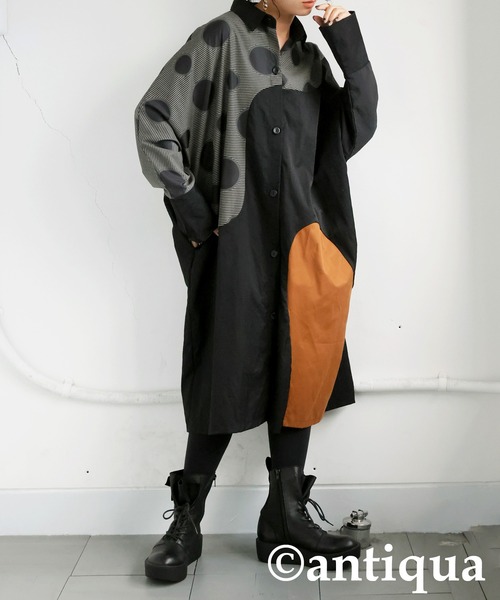antiqua(アンティカ)の「ドット切り替えワンピース(シャツワンピース・レディース・ブラック・ONESIZE)」の5枚目の写真