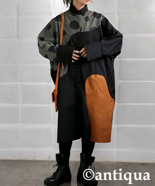antiqua(アンティカ)の「ドット切り替えワンピース(シャツワンピース・レディース・ブラック・ONESIZE)」の6枚目の写真