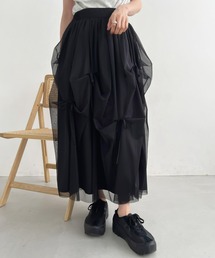 リボン付き黒ギャザースカート巻きスカート ギャザーヘム2つリボンスカート - Ank Rouge(アンクルージュ)の