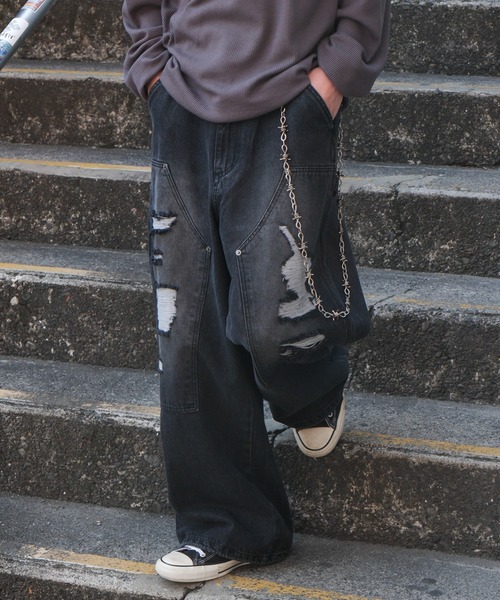 WEGO(ウィゴー)の「WEGO/ダブルニーダメージデニムパンツ(デニムパンツ・メンズ・スカイブルー/ブラック系3/ベージュ・MEDIUM/LARGE)」の1枚目の写真