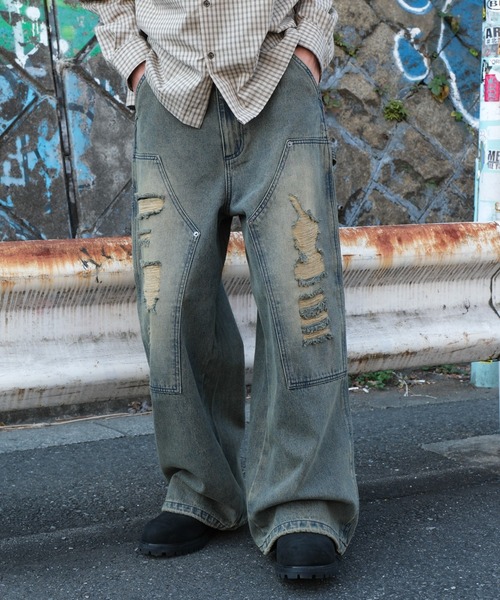 ししまる 8/25 L ダメージパンツ 8（eight） ダメージデニム メンズ ジーンズ デニム ワイド