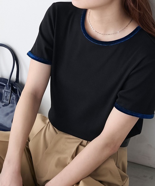 BONLECILL(ボンルシール)の「ベロアパイピングテレコTEE(Tシャツ/カットソー・レディース・オフホワイト/グレー/ブルー/ブラック/レッド/ベージュ・FREE)」の1枚目の写真