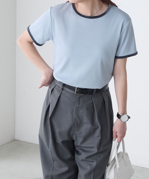 BONLECILL(ボンルシール)の「ベロアパイピングテレコTEE(Tシャツ/カットソー・レディース・オフホワイト/グレー/ブルー/ブラック/レッド/ベージュ・FREE)」の7枚目の写真