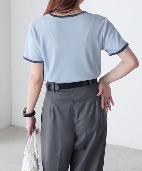BONLECILL(ボンルシール)の「ベロアパイピングテレコTEE(Tシャツ/カットソー・レディース・オフホワイト/グレー/ブルー/ブラック/レッド/ベージュ・FREE)」の9枚目の写真