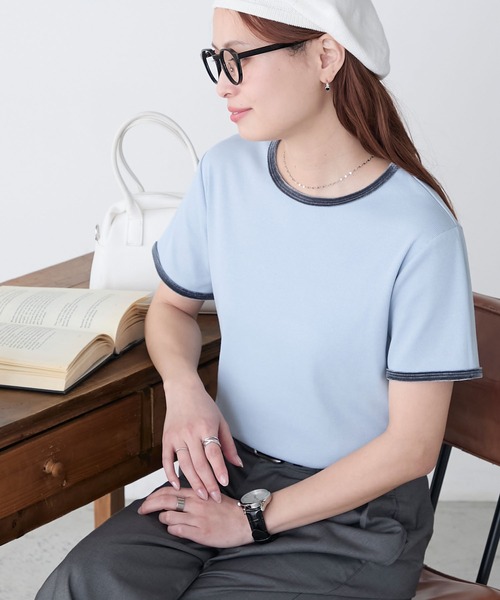 BONLECILL(ボンルシール)の「ベロアパイピングテレコTEE(Tシャツ/カットソー・レディース・オフホワイト/グレー/ブルー/ブラック/レッド/ベージュ・FREE)」の14枚目の写真