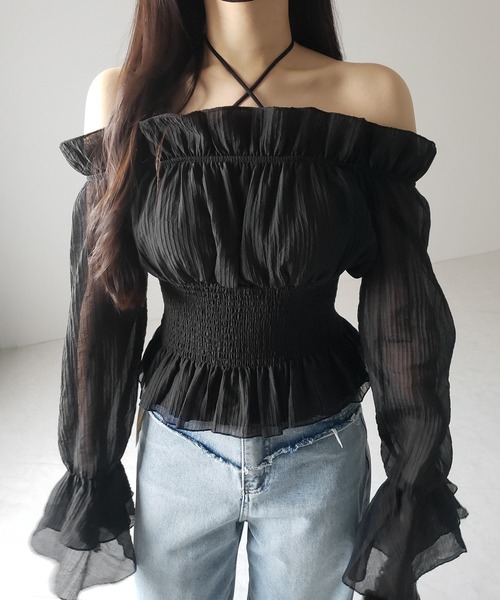 超美品❗️sheller シェリエ 2way オフショル　フリル　ブラウス　黒 一度着用美品】shellerシェリエ2wayオフショルフリルブラウス