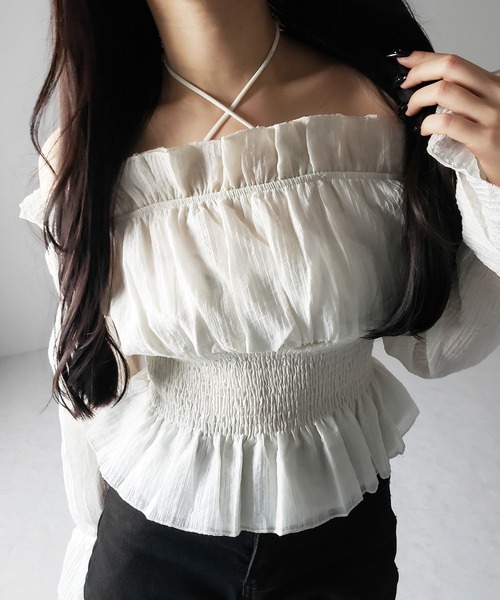 me+em select(ミームセレクト)の「※※【 2color / 2WAY 】ウエストシャーリングシアーフリルオフショルブラウス / waist shirring sheer frill off shoulder blouse(シャツ/ブラウス・レディース・ブラック/アイボリー・FREE)」の12枚目の写真