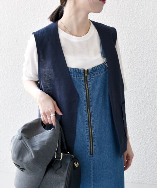 SHIPS any（シップス エニィ）の「SHIPS any:〈洗濯機可能〉ヨーロピアンフラックス リネン  Vネック コンパクト ベスト（ベスト・レディース・ブラウン/ネイビー・ONE SIZE）」の13枚目の写真