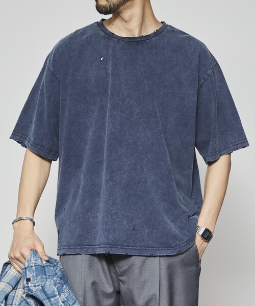 Firsthand(ファーストハンド)の「Firsthand/ファーストハンド 7.3オンス ダメージ加工 ピグメント ショートスリーブTシャツ / オーバーサイズ クルーネック 半袖Tシャツ(Tシャツ/カットソー・メンズ・ネイビー/ブラック・L/M)」の2枚目の写真