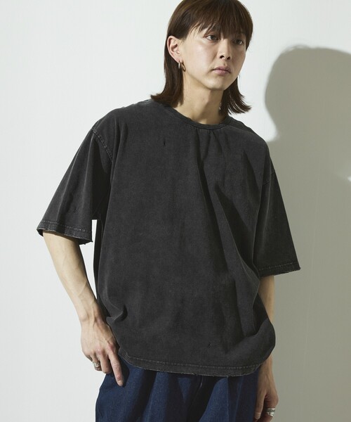 Firsthand(ファーストハンド)の「Firsthand/ファーストハンド 7.3オンス ダメージ加工 ピグメント ショートスリーブTシャツ / オーバーサイズ クルーネック 半袖Tシャツ(Tシャツ/カットソー・メンズ・ネイビー/ブラック・L/M)」の1枚目の写真