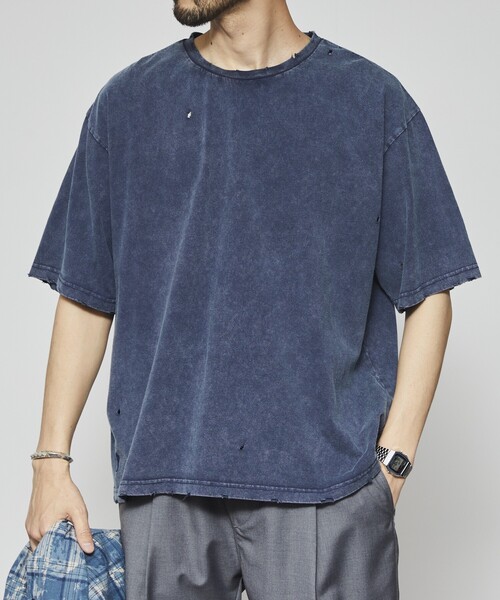 Firsthand(ファーストハンド)の「Firsthand/ファーストハンド 7.3オンス ダメージ加工 ピグメント ショートスリーブTシャツ / オーバーサイズ クルーネック 半袖Tシャツ(Tシャツ/カットソー・メンズ・ネイビー/ブラック・L/M)」の5枚目の写真