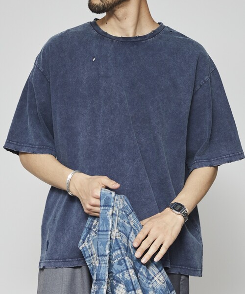 Firsthand(ファーストハンド)の「Firsthand/ファーストハンド 7.3オンス ダメージ加工 ピグメント ショートスリーブTシャツ / オーバーサイズ クルーネック 半袖Tシャツ(Tシャツ/カットソー・メンズ・ネイビー/ブラック・L/M)」の6枚目の写真