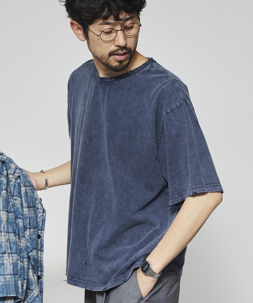 Firsthand(ファーストハンド)の「Firsthand/ファーストハンド 7.3オンス ダメージ加工 ピグメント ショートスリーブTシャツ / オーバーサイズ クルーネック 半袖Tシャツ(Tシャツ/カットソー・メンズ・ネイビー/ブラック・L/M)」の8枚目の写真