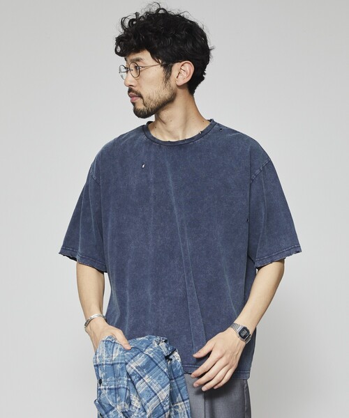 Firsthand(ファーストハンド)の「Firsthand/ファーストハンド 7.3オンス ダメージ加工 ピグメント ショートスリーブTシャツ / オーバーサイズ クルーネック 半袖Tシャツ(Tシャツ/カットソー・メンズ・ネイビー/ブラック・L/M)」の9枚目の写真