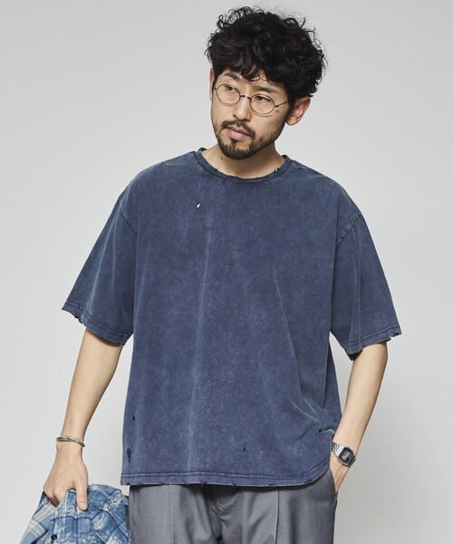 Firsthand(ファーストハンド)の「Firsthand/ファーストハンド 7.3オンス ダメージ加工 ピグメント ショートスリーブTシャツ / オーバーサイズ クルーネック 半袖Tシャツ(Tシャツ/カットソー・メンズ・ネイビー/ブラック・L/M)」の10枚目の写真