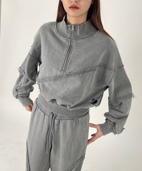 トレーナー スウェット ショート丈ダメージハーフジップトップス レディース セール】ショート丈ダメージハーフジップトップス（スウェット