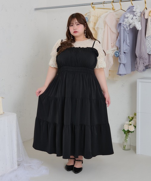 ルオシー アソートシャーリングティアードキャミワンピース LL ブラック 黒 大きいサイズ】プレート付きティアードキャミワンピ（ワンピース