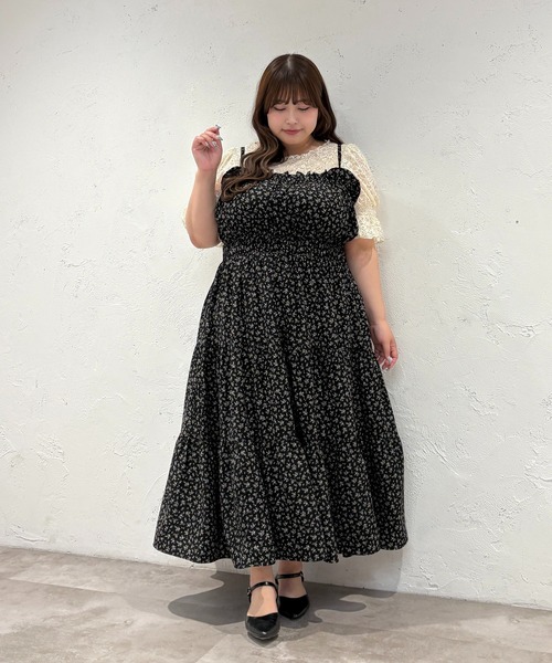 ルオシー アソートシャーリングティアードキャミワンピース LL ブラック 黒 大きいサイズ】アソートシャーリングティアードキャミワンピース