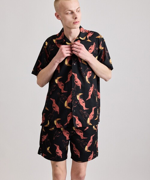 Untitled / C DE C 赤シャツとキュロットのセット セール】Canty Open Collar Bird Printed SS Shirt（シャツ/ブラウス
