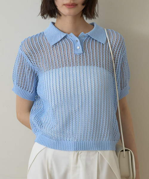 EMMA　ROUGE VIF（エマルージュヴィフ）の「【一部店舗限定】メッシュニットポロシャツ（ニット/セーター・レディース・サックスブルー/ライトベージュ/モカ・フリー）」の3枚目の写真