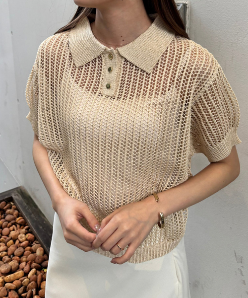 EMMA　ROUGE VIF（エマルージュヴィフ）の「【一部店舗限定】メッシュニットポロシャツ（ニット/セーター・レディース・サックスブルー/ライトベージュ/モカ・フリー）」の2枚目の写真