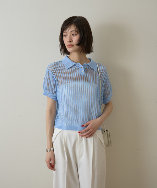 EMMA　ROUGE VIF（エマルージュヴィフ）の「【一部店舗限定】メッシュニットポロシャツ（ニット/セーター・レディース・サックスブルー/ライトベージュ/モカ・フリー）」の4枚目の写真