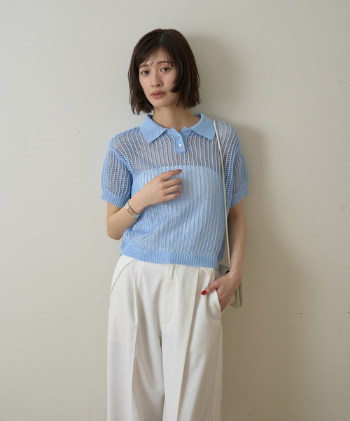 EMMA　ROUGE VIF（エマルージュヴィフ）の「【一部店舗限定】メッシュニットポロシャツ（ニット/セーター・レディース・サックスブルー/ライトベージュ/モカ・フリー）」の5枚目の写真