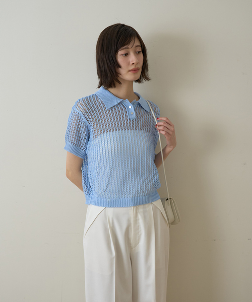 EMMA　ROUGE VIF（エマルージュヴィフ）の「【一部店舗限定】メッシュニットポロシャツ（ニット/セーター・レディース・サックスブルー/ライトベージュ/モカ・フリー）」の6枚目の写真