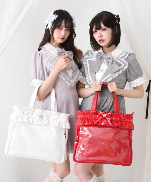 セール】フリルたっぷりキラキラハートビジュー痛バッグ（トートバッグ
