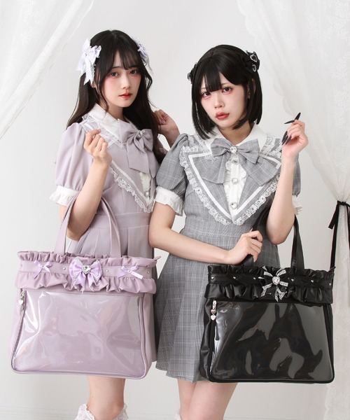 セール】フリルたっぷりキラキラハートビジュー痛バッグ（トートバッグ