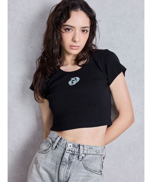 tシャツ ハーフスリーブGDロゴラインストーンテレコトップス レディース ハーフスリーブGDロゴラインストーンテレコトップス（Tシャツ