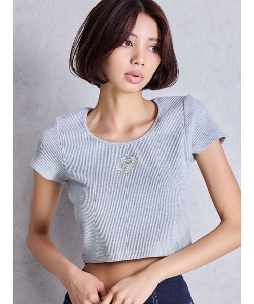 tシャツ ハーフスリーブGDロゴラインストーンテレコトップス レディース ハーフスリーブGDロゴラインストーンテレコトップス（Tシャツ