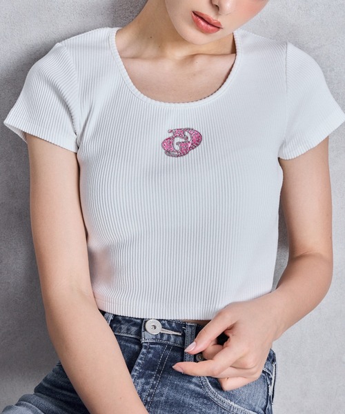 tシャツ ハーフスリーブGDロゴラインストーンテレコトップス レディース ハーフスリーブGDロゴラインストーンテレコトップス（Tシャツ