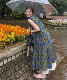 ●ひんやり接触冷感 裾切り替え総柄ノースリーブワンピ―ス