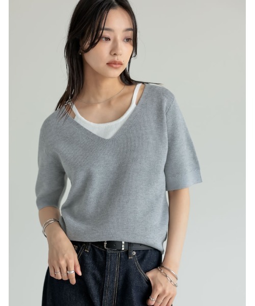 涼感]リネンタッチニットレイヤードライク半袖トップス（Tシャツ